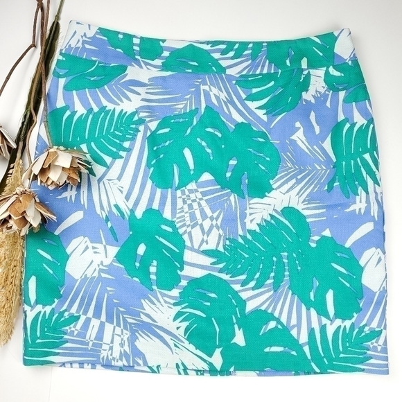 Loft Blue Green White Leaf Pattern Cotton Skirt Size 12 - Picture 8 of 12
